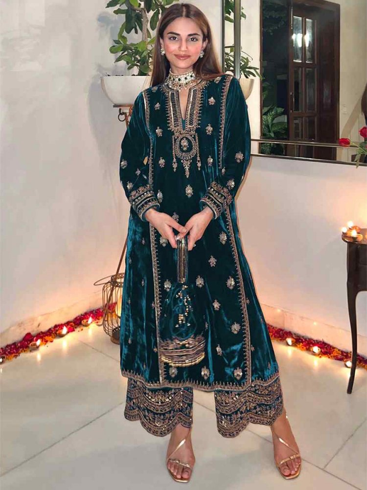 Teal Blue Pure Viscose Velvet Embroidered Mehendi Wedding Pant Salwar Kameez