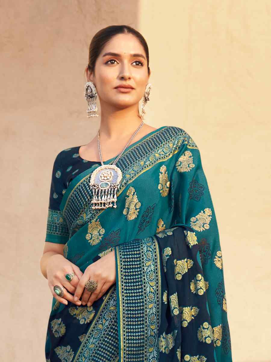 Teal Blue P.V. Georgette Handwoven Festival Party Classic Style Saree
