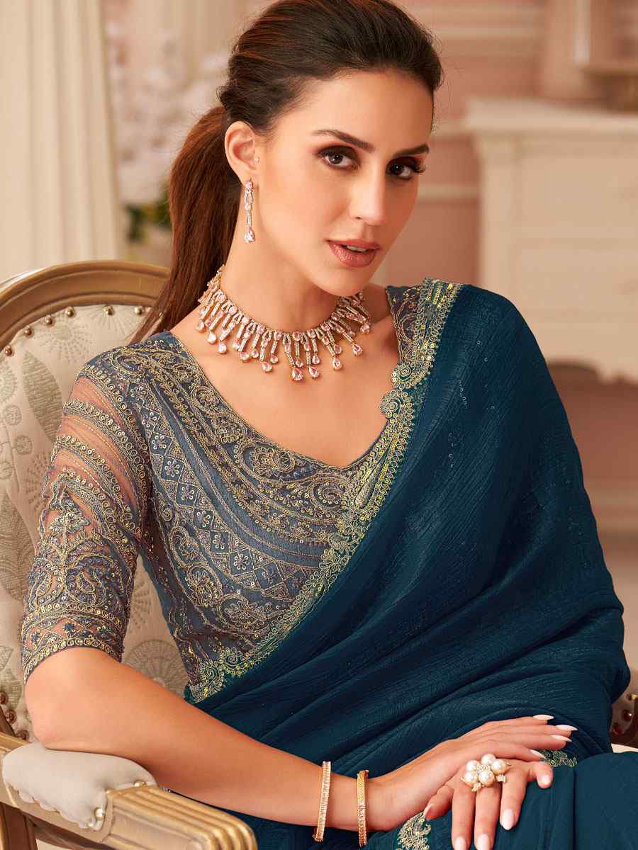 Teal Blue Rainbow Georgette Embroidery Bridal Reception Festival Wedding Fancy Heavy Border Saree