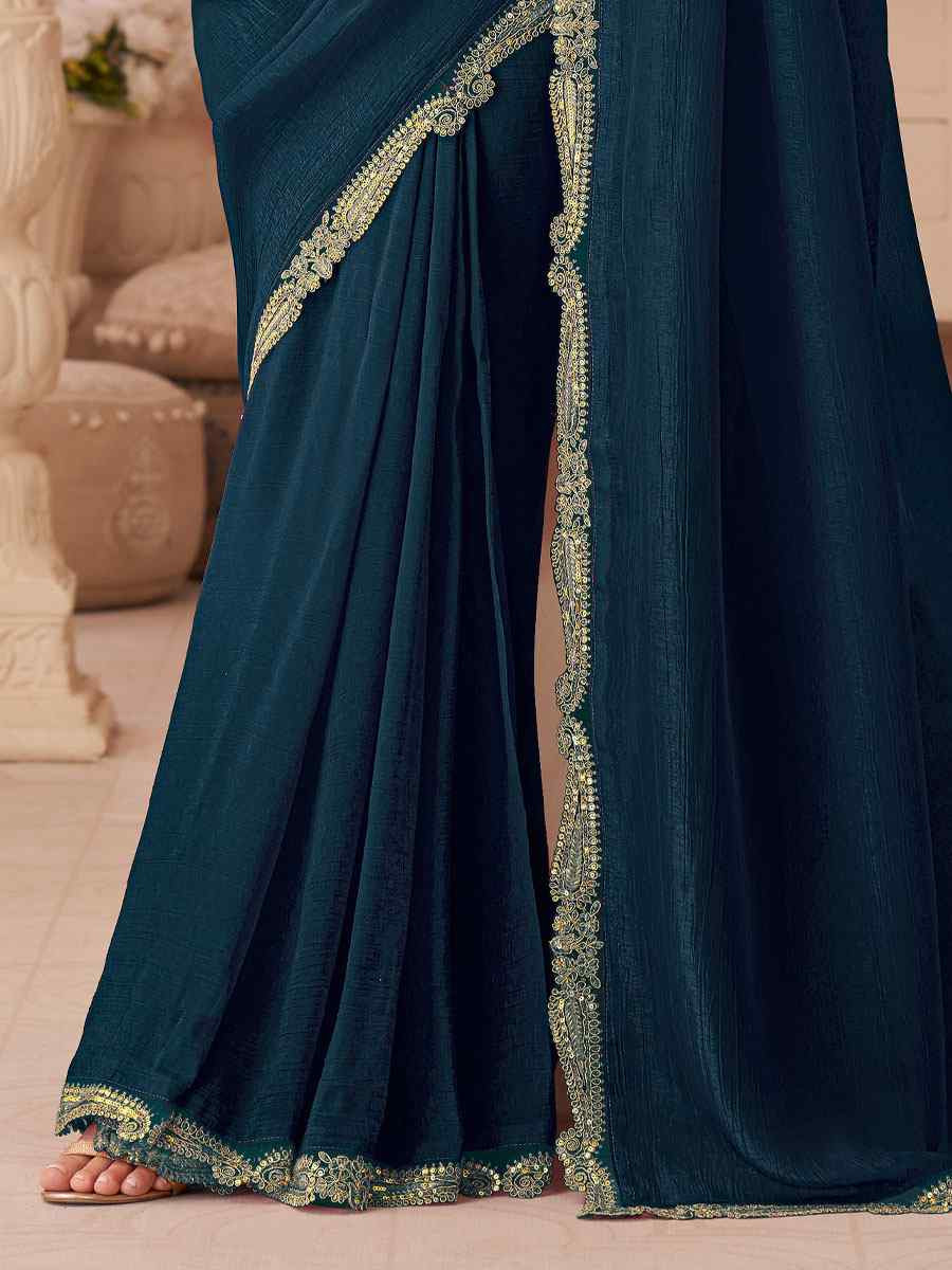 Teal Blue Rainbow Georgette Embroidery Bridal Reception Festival Wedding Fancy Heavy Border Saree