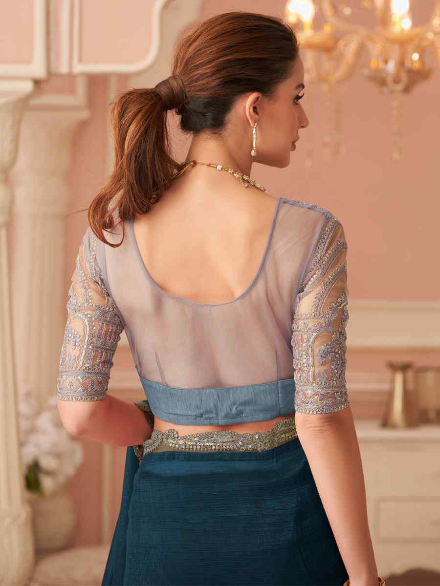 Teal Blue Rainbow Georgette Embroidery Bridal Reception Festival Wedding Fancy Heavy Border Saree