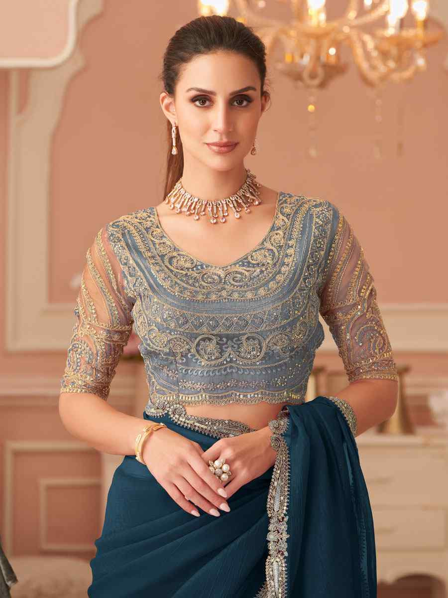 Teal Blue Rainbow Georgette Embroidery Bridal Reception Festival Wedding Fancy Heavy Border Saree