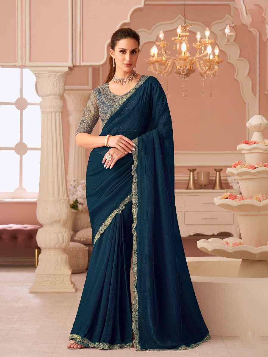 Teal Blue Rainbow Georgette Embroidery Bridal Reception Festival Wedding Fancy Heavy Border Saree