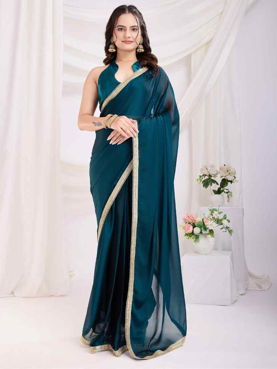 Teal Blue Rangoli Silk Solid Festival Wedding Fancy Heavy Border Saree