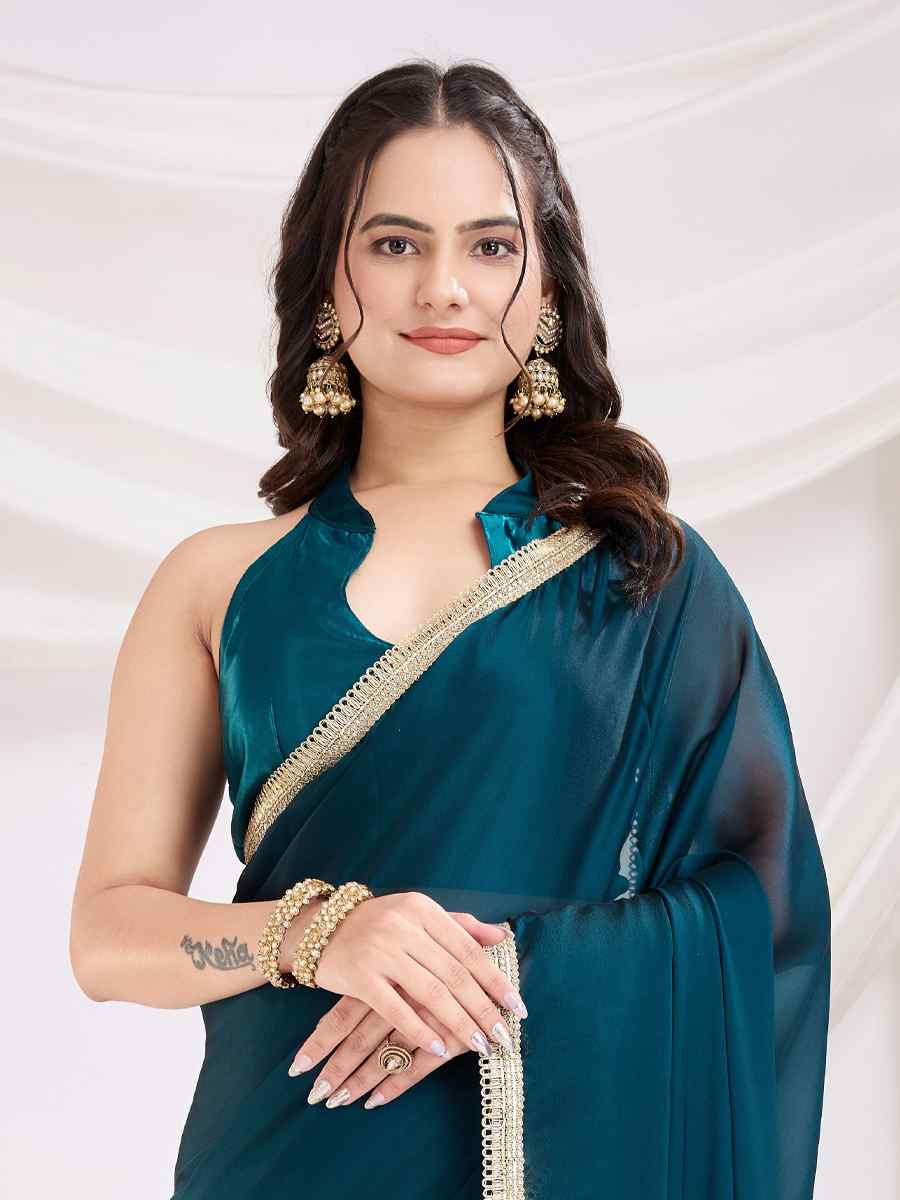 Teal Blue Rangoli Silk Solid Festival Wedding Fancy Heavy Border Saree