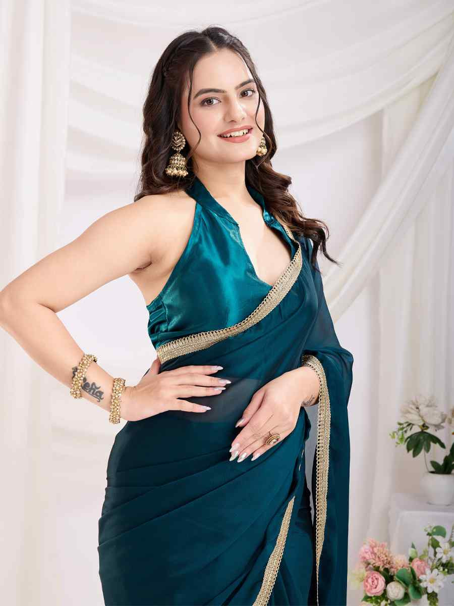 Teal Blue Rangoli Silk Solid Festival Wedding Fancy Heavy Border Saree
