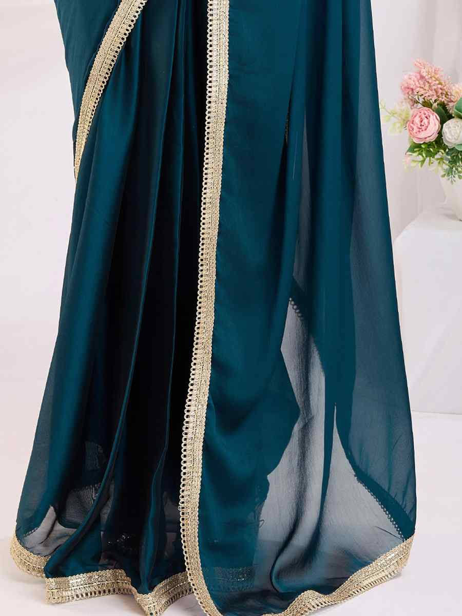 Teal Blue Rangoli Silk Solid Festival Wedding Fancy Heavy Border Saree