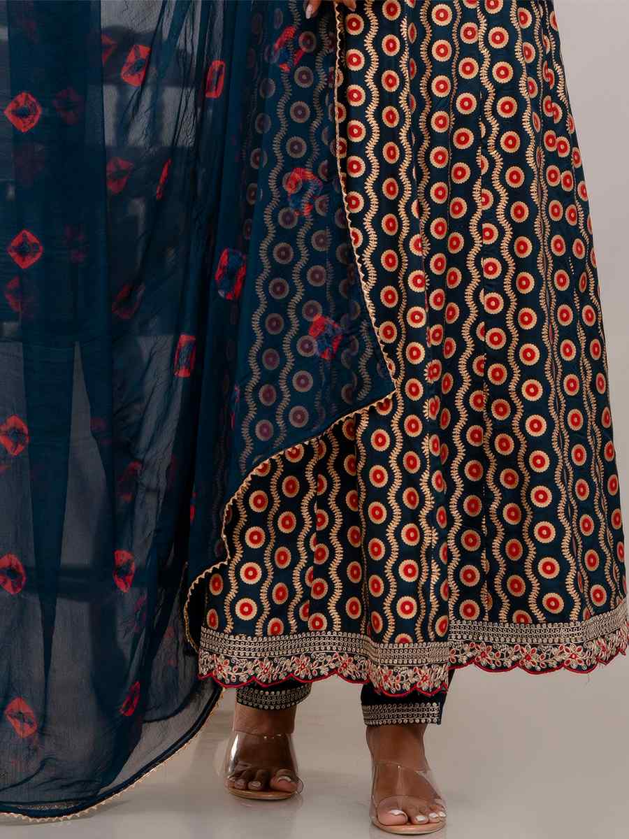 Teal Blue Rayon Cotton Printed Casual Festival Pant Salwar Kameez