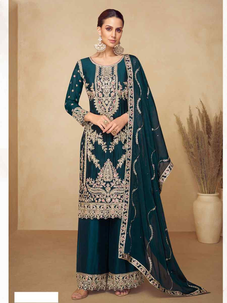 Teal Blue Real Chinon Embroidery Party Wedding Festival Casual Ready Palazzo Pant Salwar Kameez