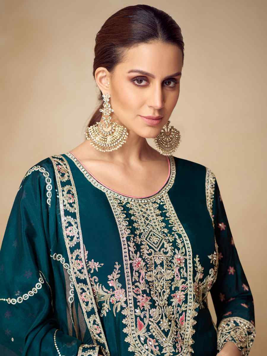 Teal Blue Real Chinon Embroidery Party Wedding Festival Casual Ready Palazzo Pant Salwar Kameez