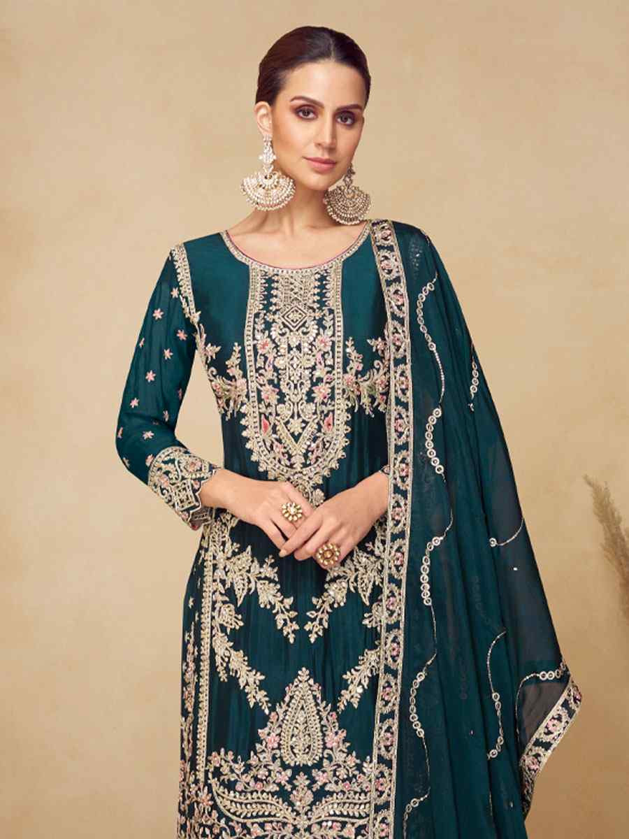 Teal Blue Real Chinon Embroidery Party Wedding Festival Casual Ready Palazzo Pant Salwar Kameez
