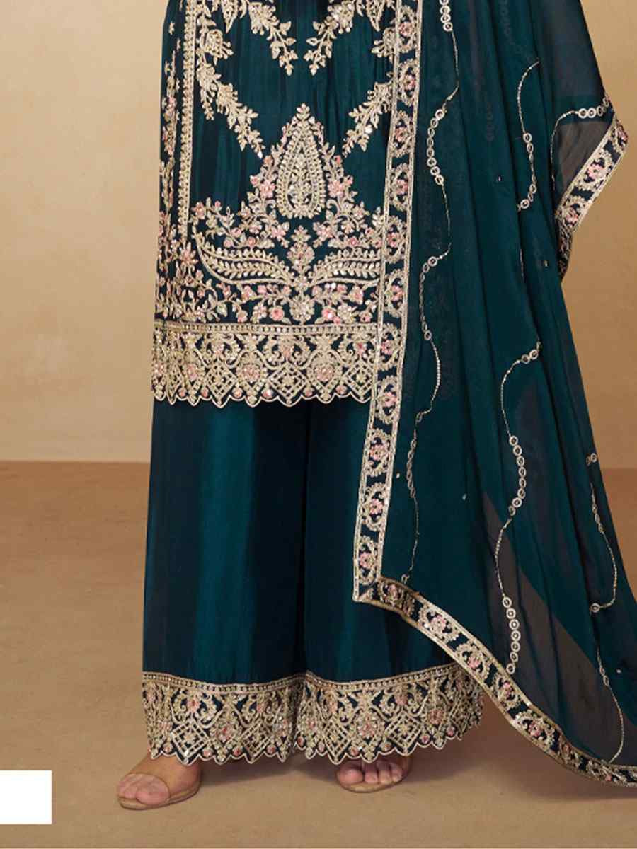 Teal Blue Real Chinon Embroidery Party Wedding Festival Casual Ready Palazzo Pant Salwar Kameez