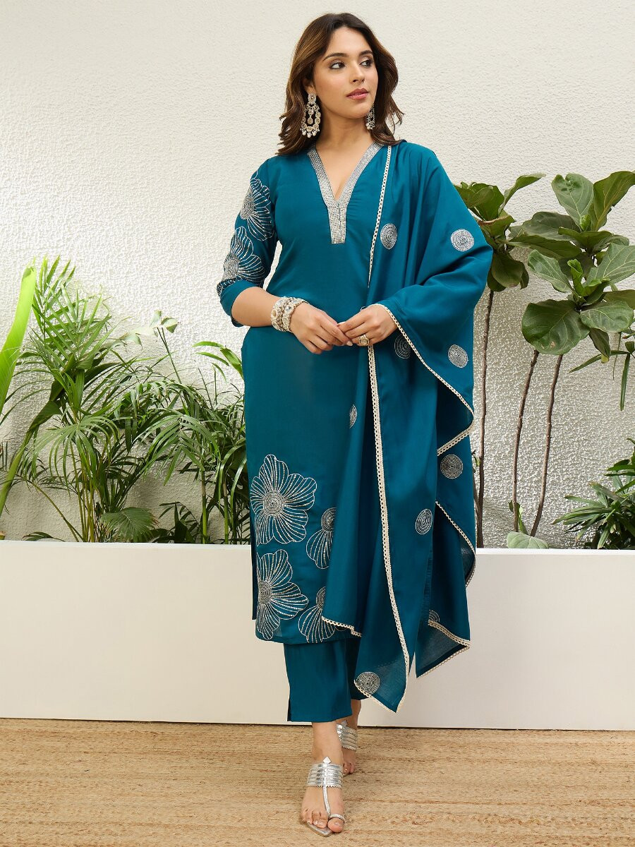 Teal Blue Roman Silk Embroidery Wedding Party Festival Casual Pant Salwar Kameez