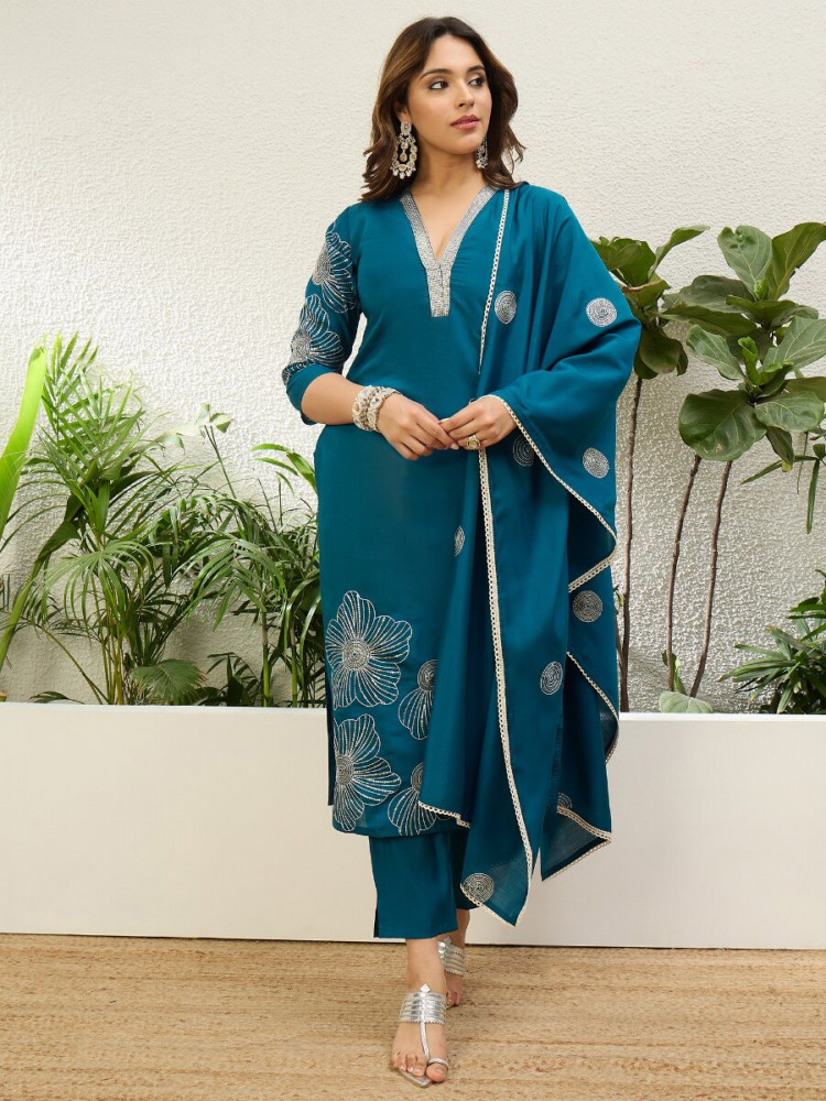 Image of Teal Blue Roman Silk Embroidery Wedding Party Festival Casual Pant Salwar Kameez