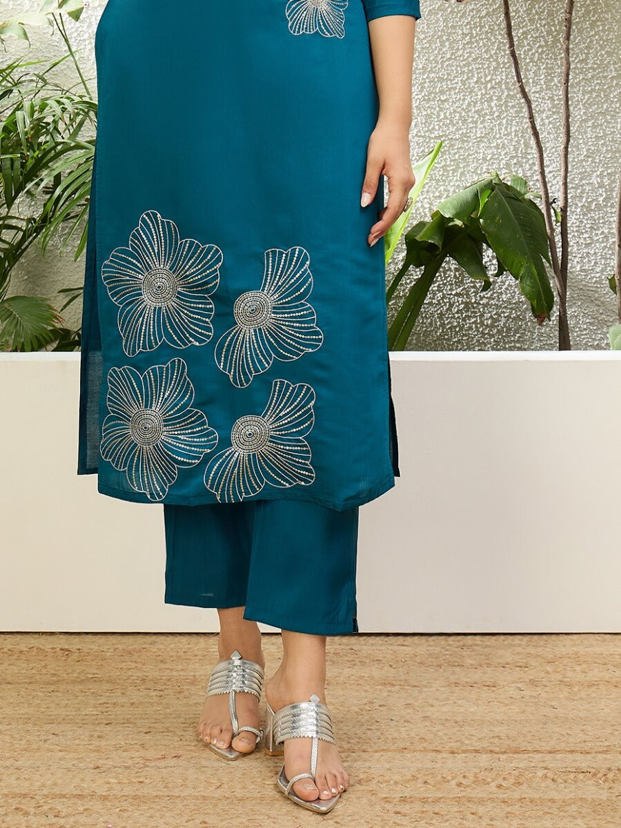 Teal Blue Roman Silk Embroidery Wedding Party Festival Casual Pant Salwar Kameez