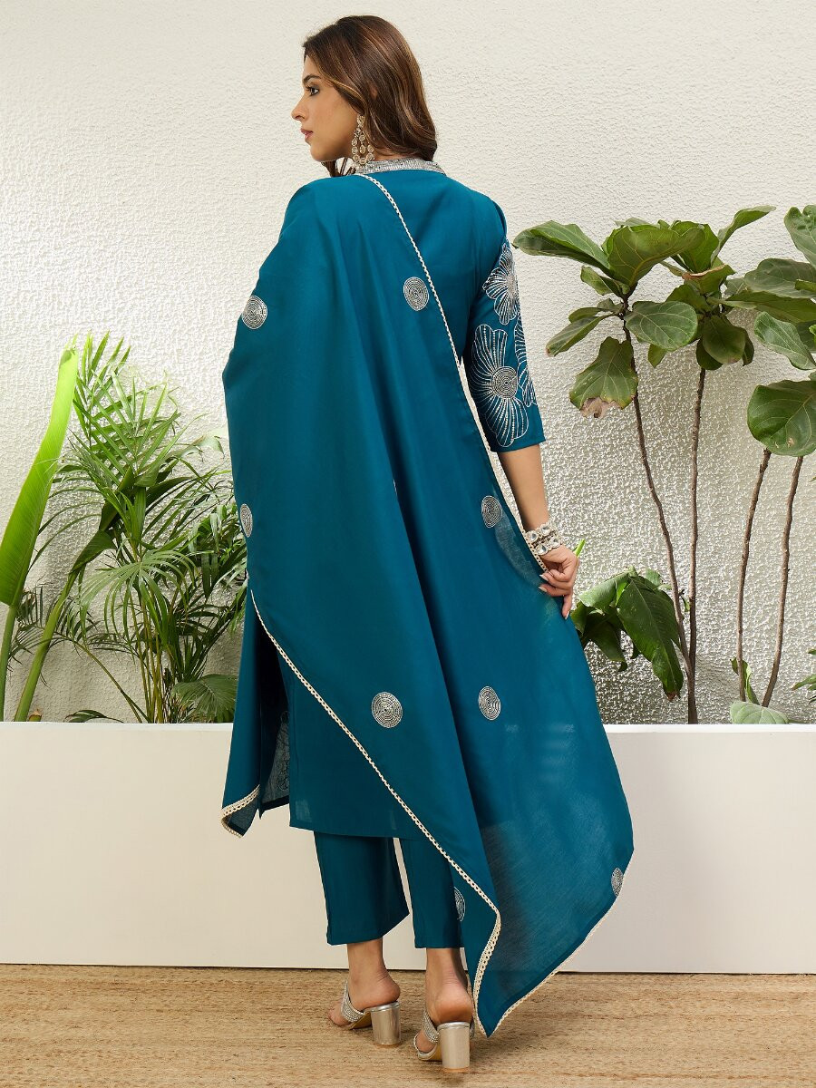 Teal Blue Roman Silk Embroidery Wedding Party Festival Casual Pant Salwar Kameez