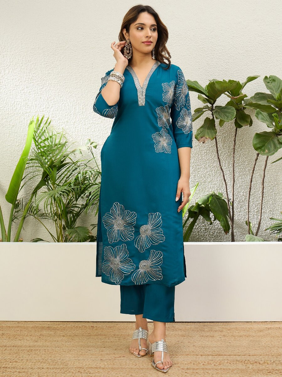 Teal Blue Roman Silk Embroidery Wedding Party Festival Casual Pant Salwar Kameez