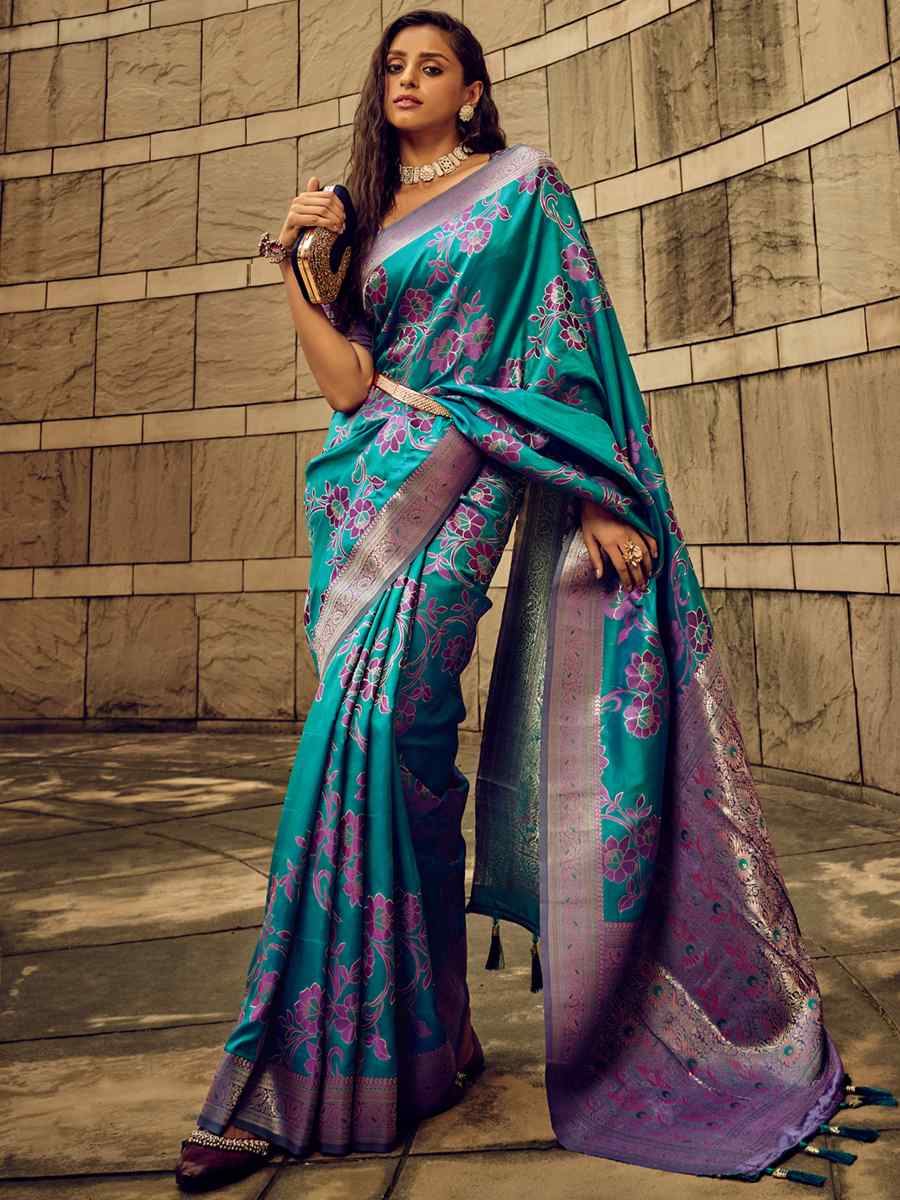 Teal Blue Satin Brasso Silk Handwoven Wedding Festival Heavy Border Saree