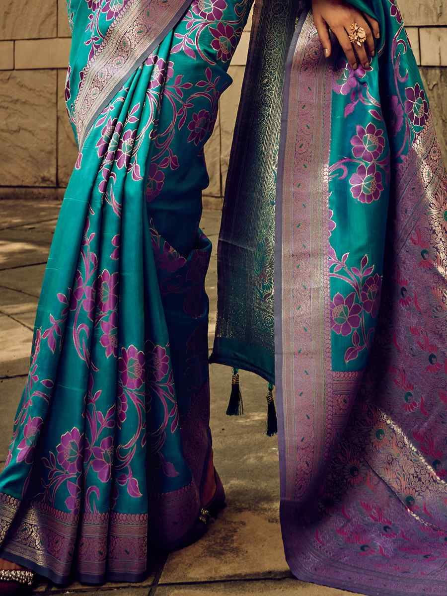 Teal Blue Satin Brasso Silk Handwoven Wedding Festival Heavy Border Saree