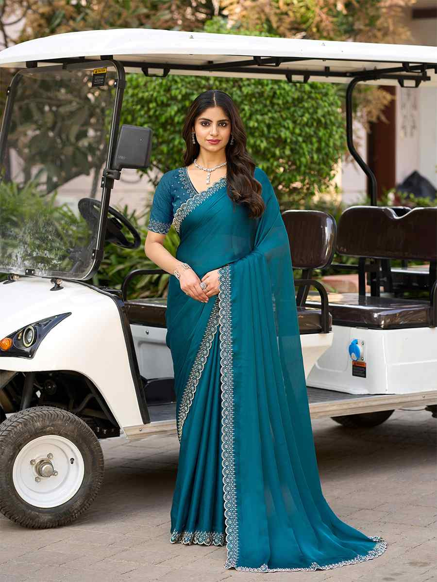 Teal Blue Satin Chiffon Embroidered Festival Wedding Fancy Heavy Border Saree