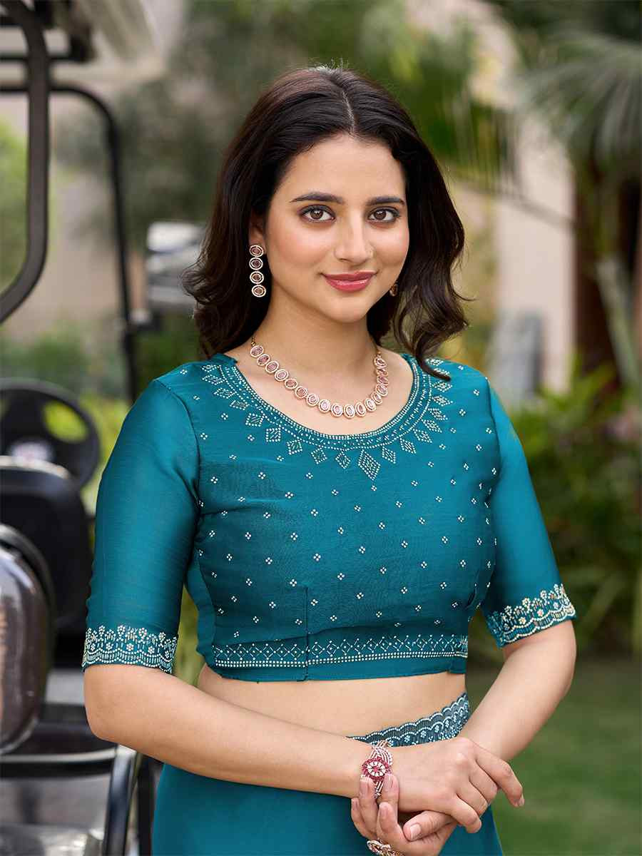 Teal Blue Satin Chiffon Embroidered Festival Wedding Fancy Heavy Border Saree