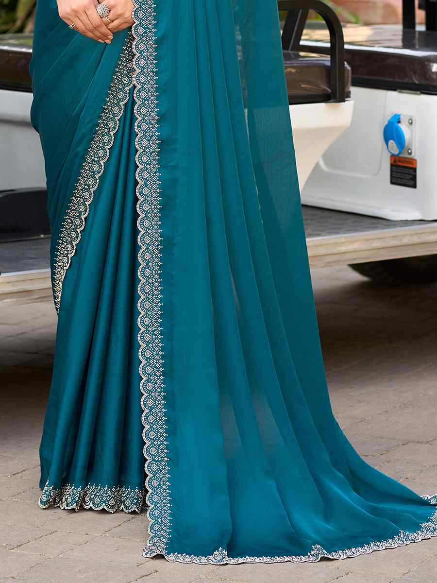 Teal Blue Satin Chiffon Embroidered Festival Wedding Fancy Heavy Border Saree