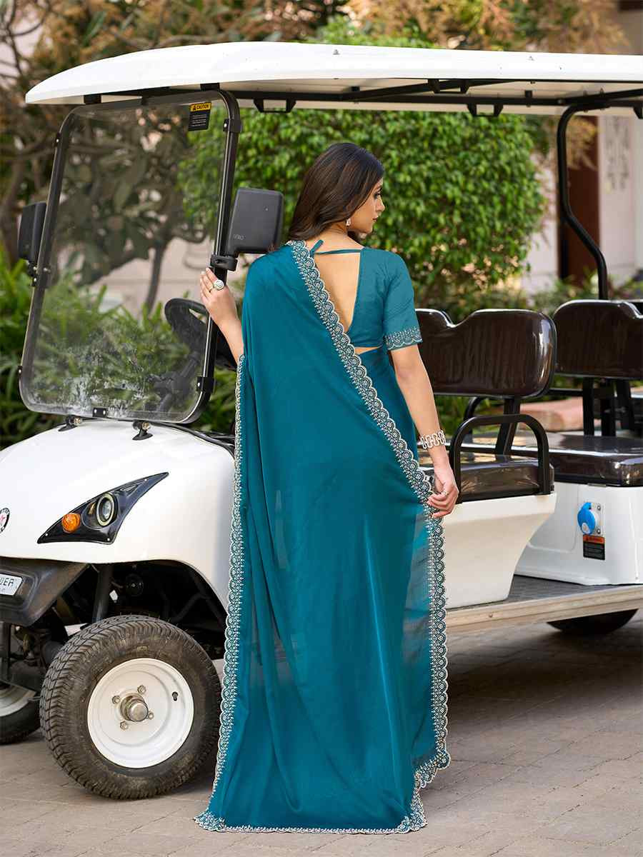 Teal Blue Satin Chiffon Embroidered Festival Wedding Fancy Heavy Border Saree