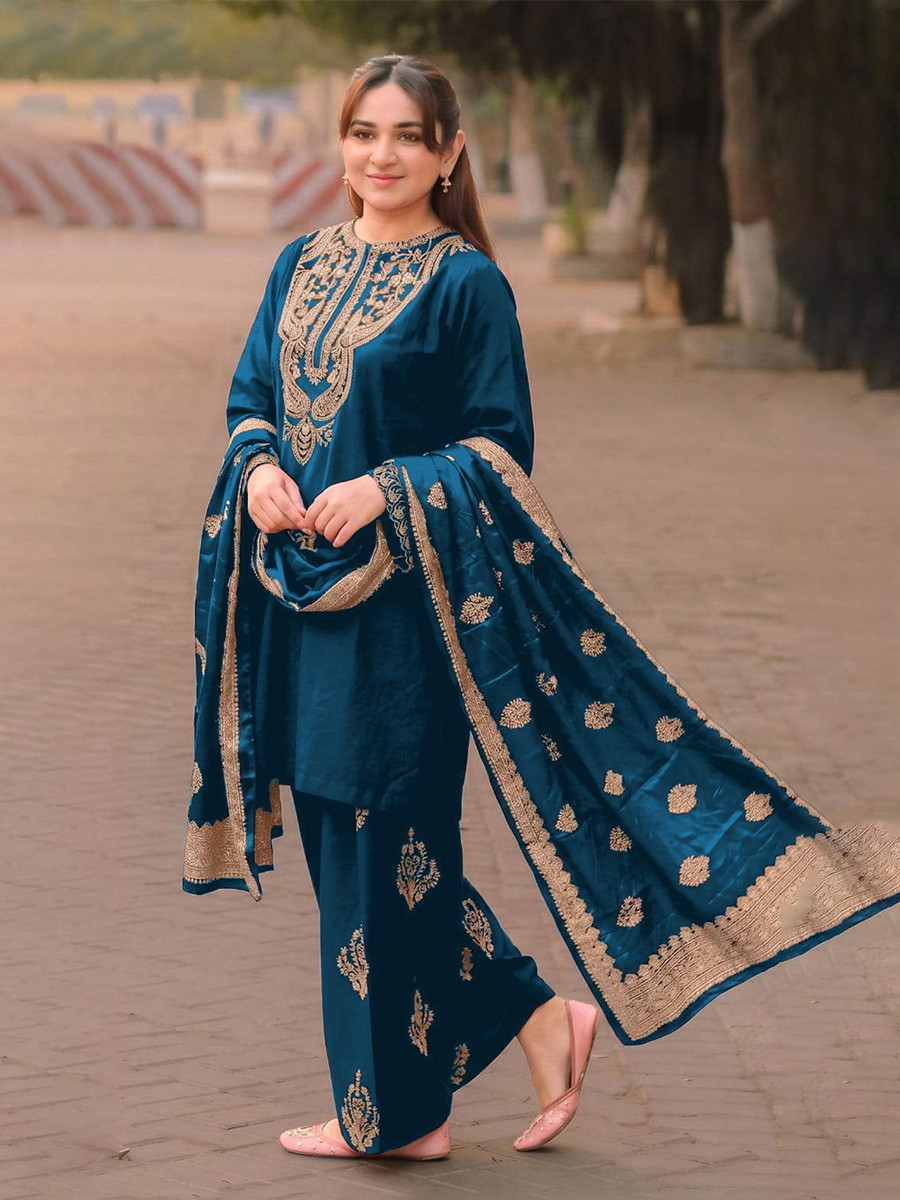 Teal Blue Satin Embroidery Wedding Party Festival Casual Ready Palazzo Pant Salwar Kameez