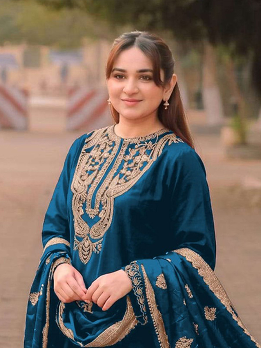 Teal Blue Satin Embroidery Wedding Party Festival Casual Ready Palazzo Pant Salwar Kameez