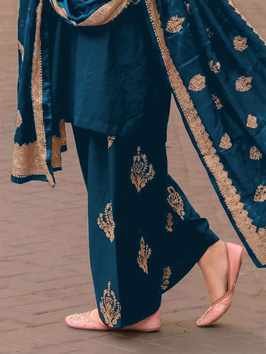 Teal Blue Satin Embroidery Wedding Party Festival Casual Ready Palazzo Pant Salwar Kameez