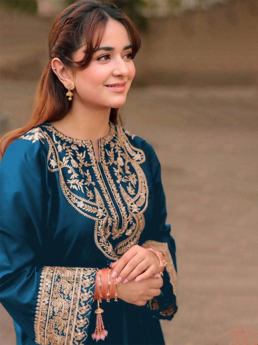 Teal Blue Satin Embroidery Wedding Party Festival Casual Ready Palazzo Pant Salwar Kameez