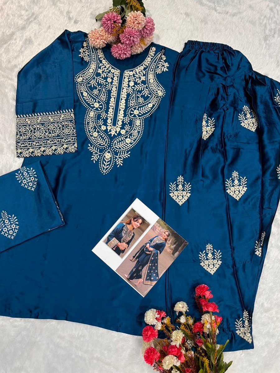 Teal Blue Satin Embroidery Wedding Party Festival Casual Ready Palazzo Pant Salwar Kameez
