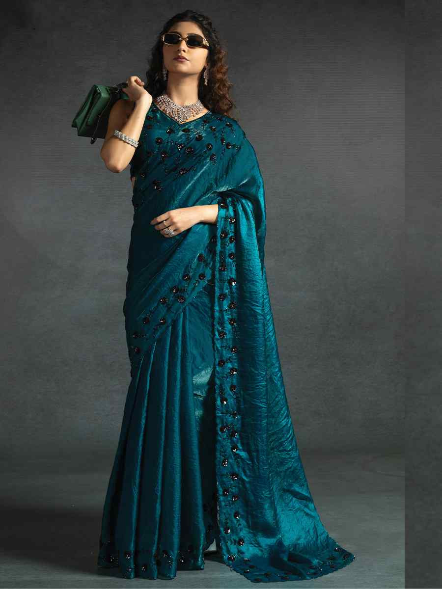 Teal Blue Satin Silk Embroidered Festival Wedding Fancy Heavy Border Saree