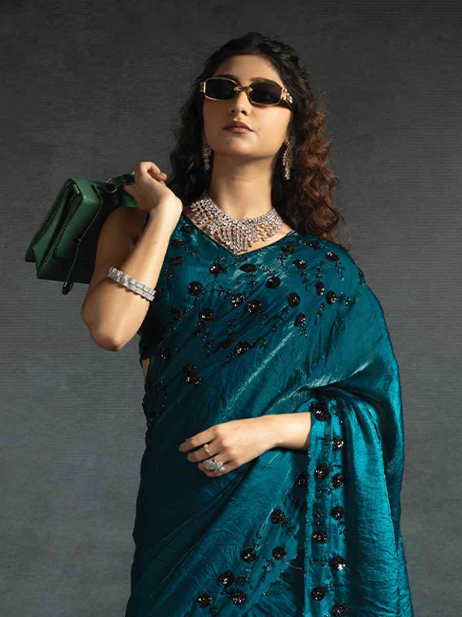 Teal Blue Satin Silk Embroidered Festival Wedding Fancy Heavy Border Saree