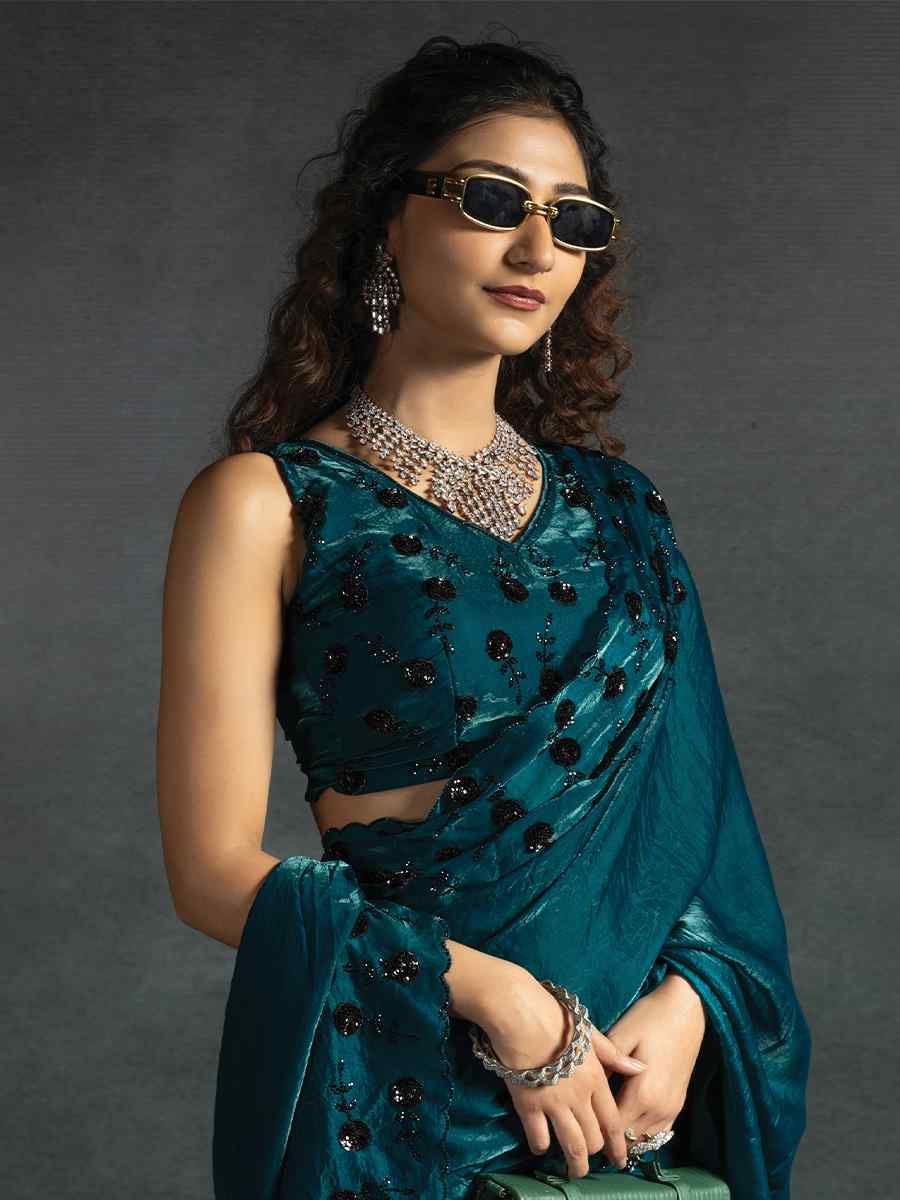 Teal Blue Satin Silk Embroidered Festival Wedding Fancy Heavy Border Saree