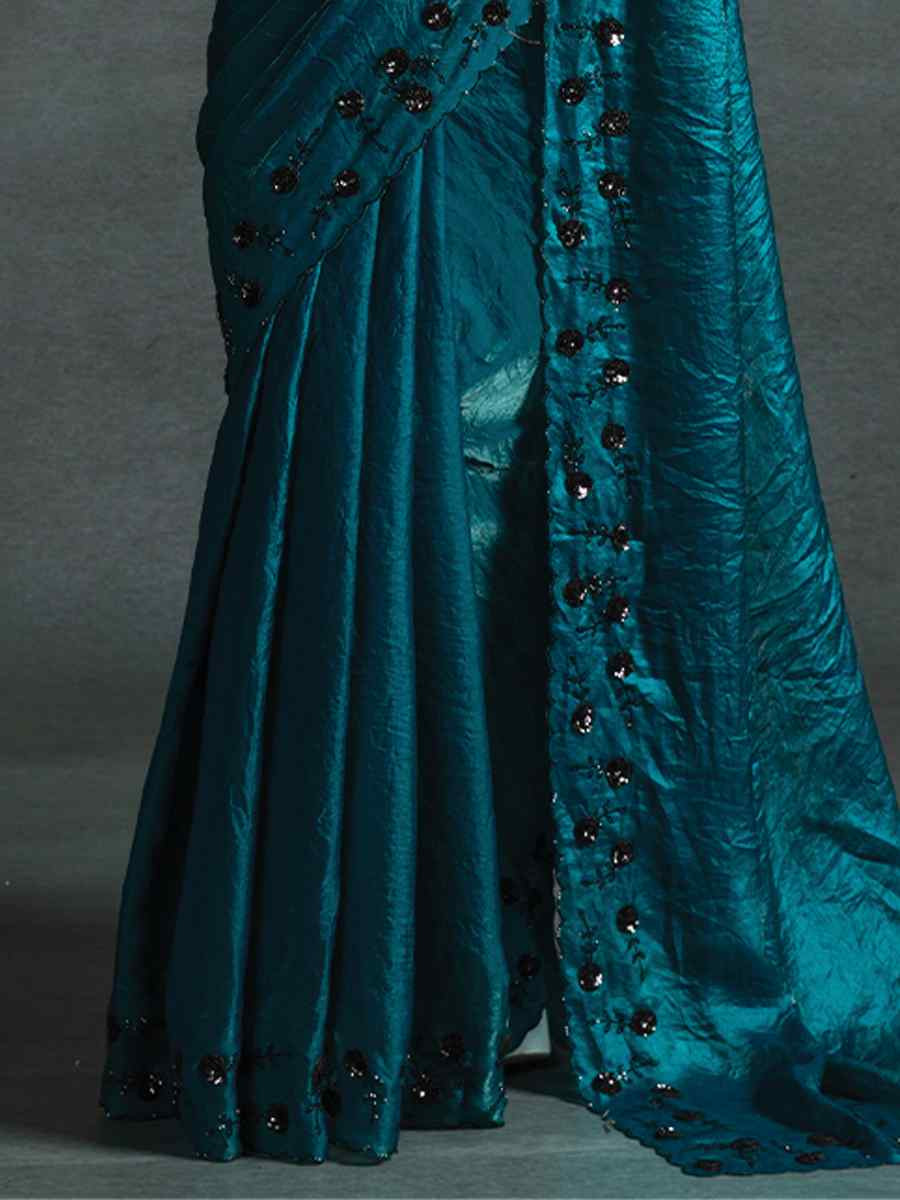 Teal Blue Satin Silk Embroidered Festival Wedding Fancy Heavy Border Saree