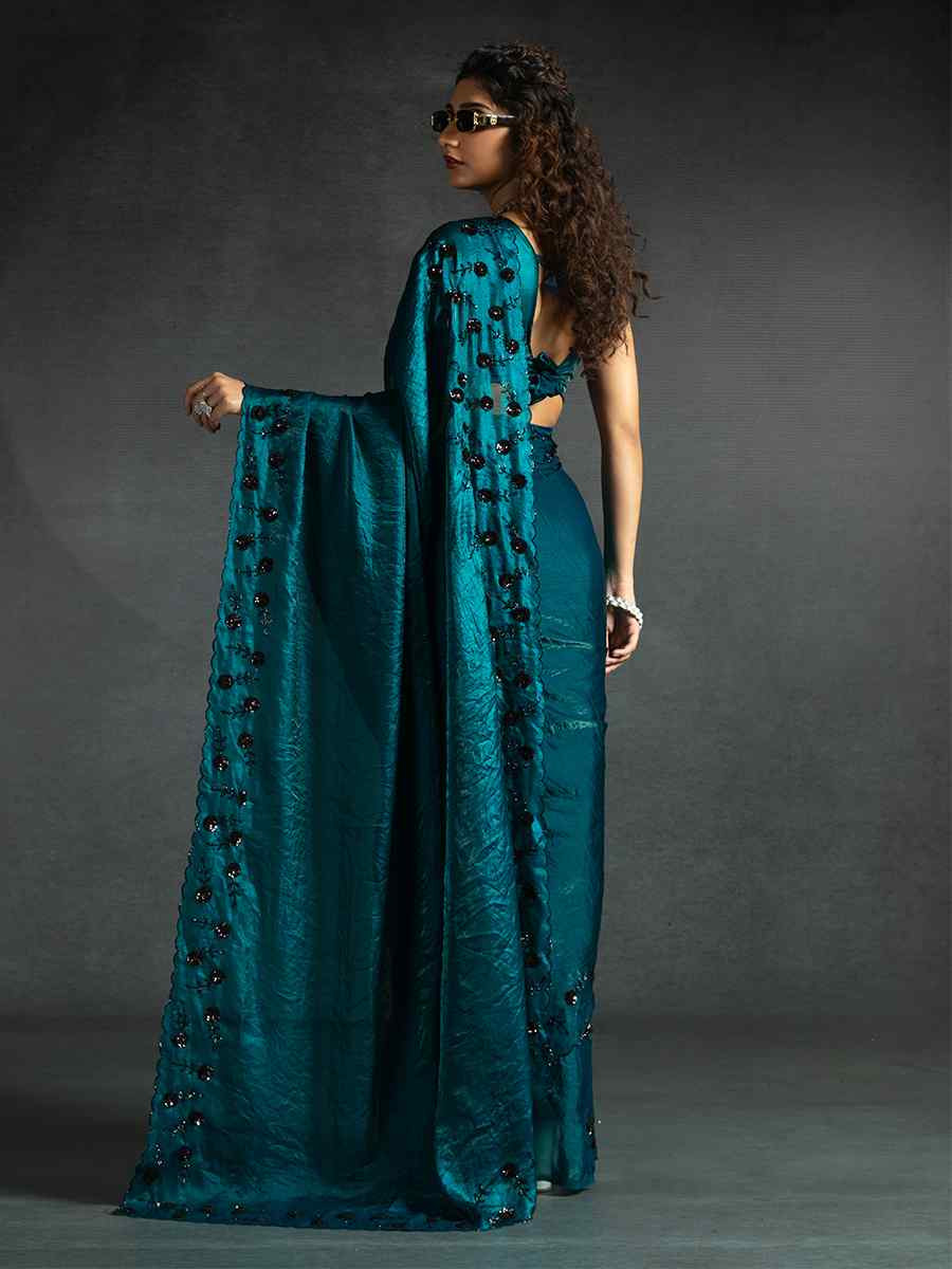 Teal Blue Satin Silk Embroidered Festival Wedding Fancy Heavy Border Saree
