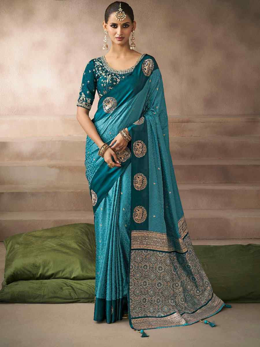 Teal Blue Satin Silk Handwoven Zari Work Traditional Bridal Reception Festival Wedding Fancy Heavy Border Saree