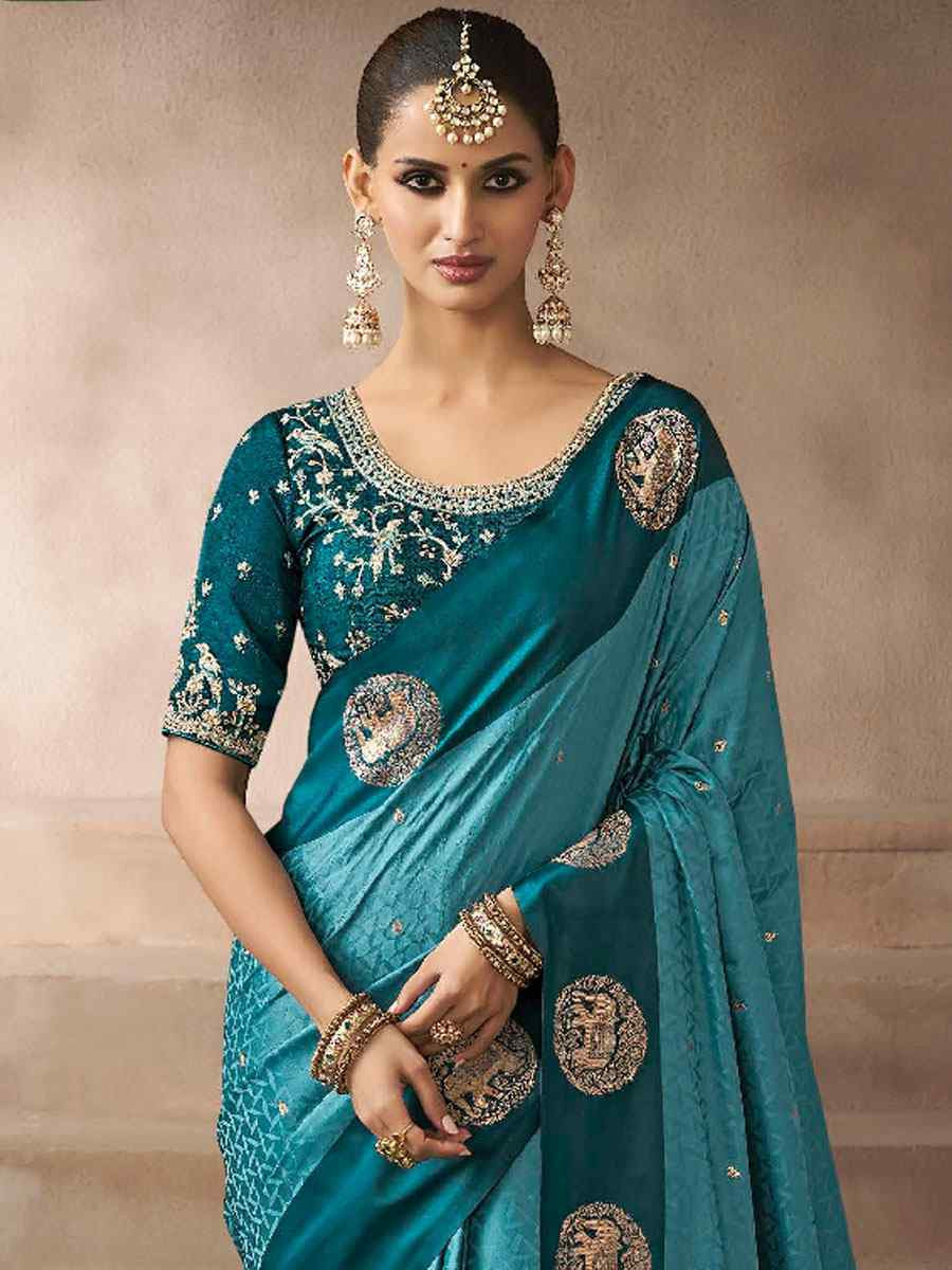 Teal Blue Satin Silk Handwoven Zari Work Traditional Bridal Reception Festival Wedding Fancy Heavy Border Saree