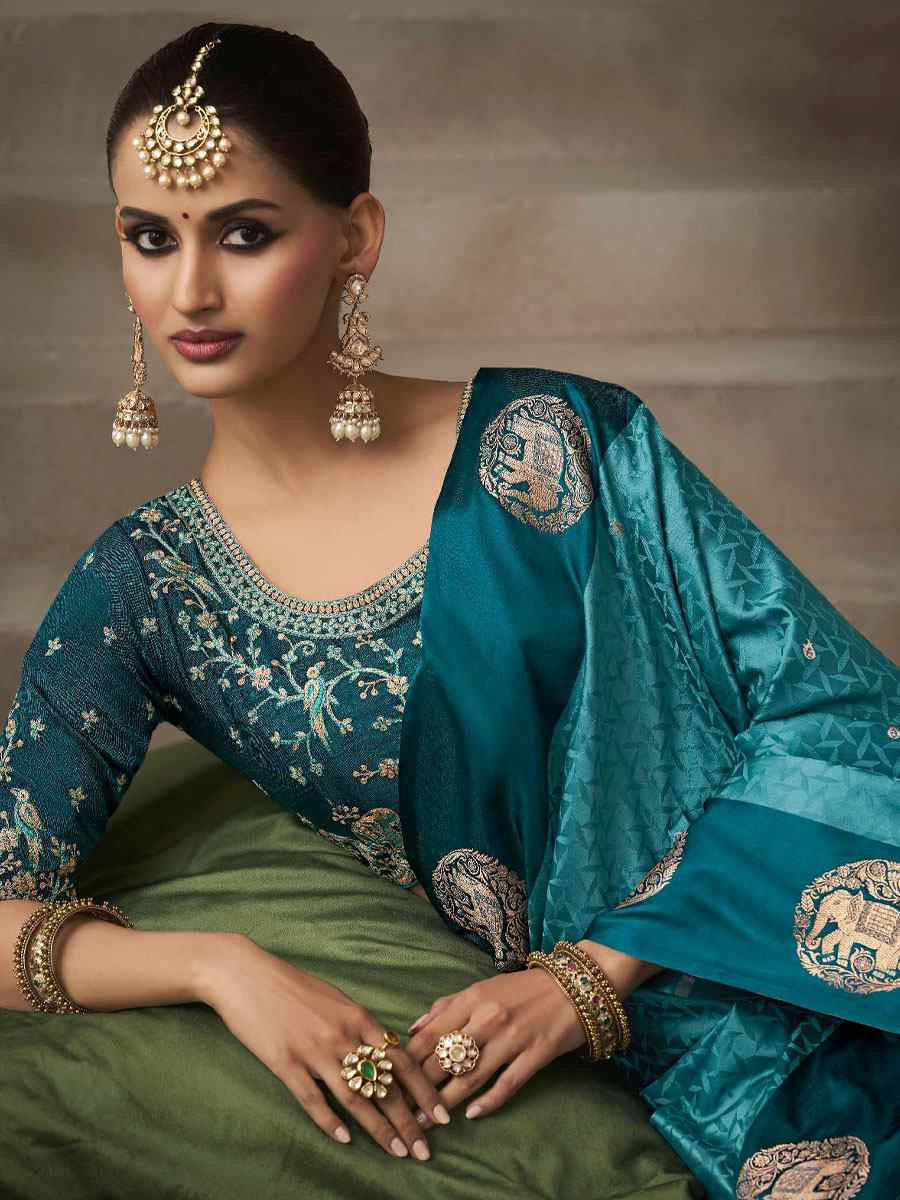 Teal Blue Satin Silk Handwoven Zari Work Traditional Bridal Reception Festival Wedding Fancy Heavy Border Saree