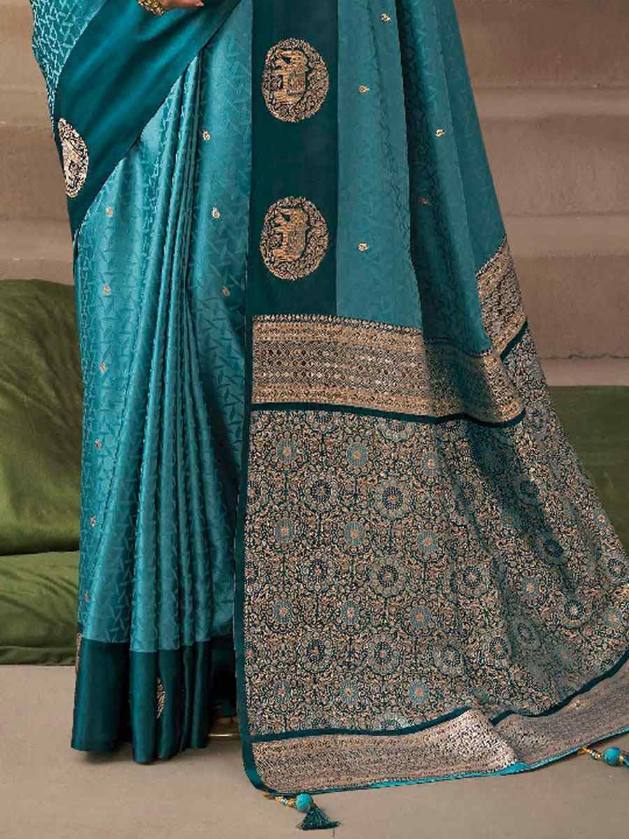 Teal Blue Satin Silk Handwoven Zari Work Traditional Bridal Reception Festival Wedding Fancy Heavy Border Saree