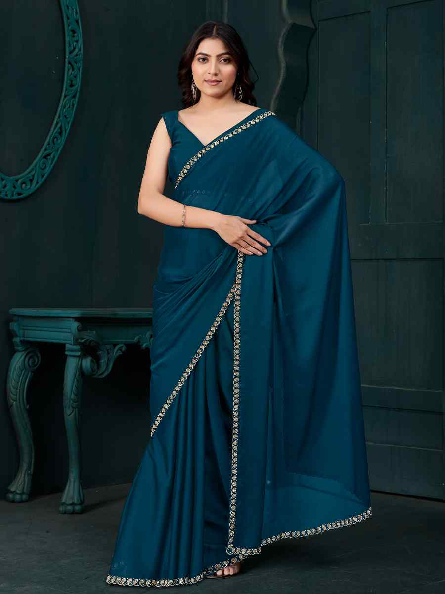Teal Blue Satin Silk Solid Festival Wedding Fancy Heavy Border Saree