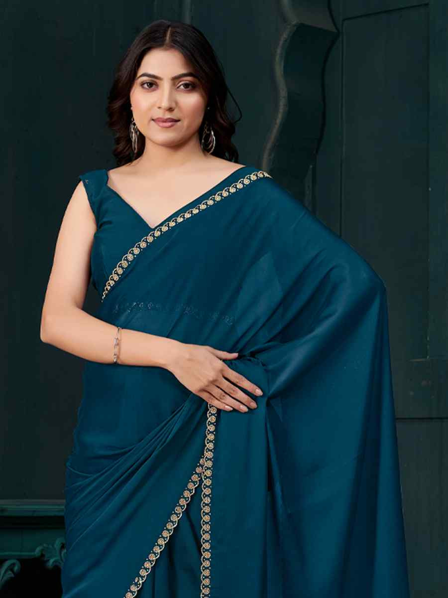 Teal Blue Satin Silk Solid Festival Wedding Fancy Heavy Border Saree