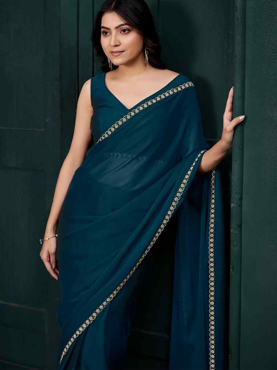 Teal Blue Satin Silk Solid Festival Wedding Fancy Heavy Border Saree