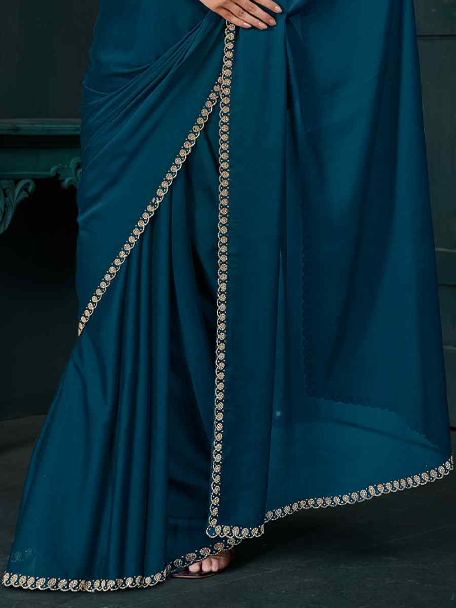 Teal Blue Satin Silk Solid Festival Wedding Fancy Heavy Border Saree