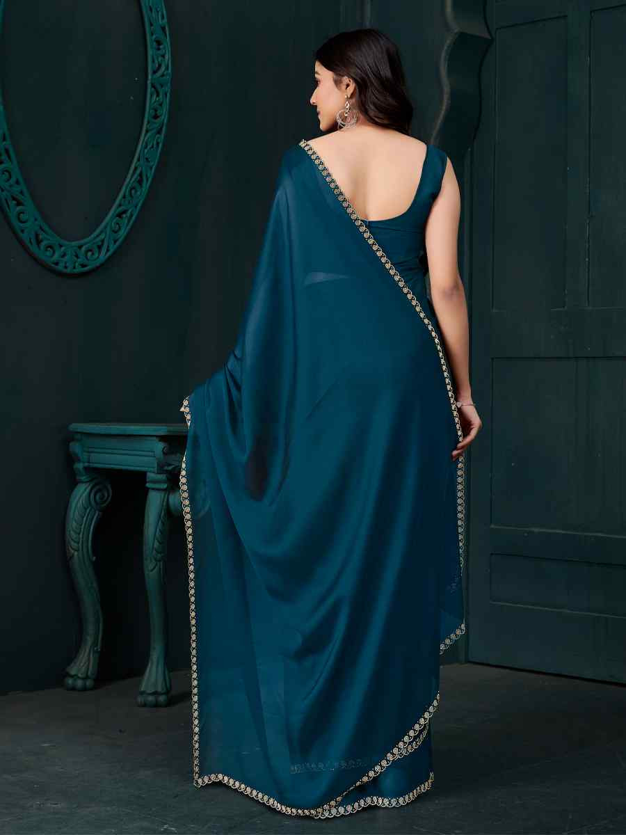Teal Blue Satin Silk Solid Festival Wedding Fancy Heavy Border Saree