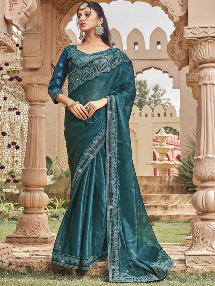 Teal Blue Shimmer Embroidery Party Reception Classic Style Saree
