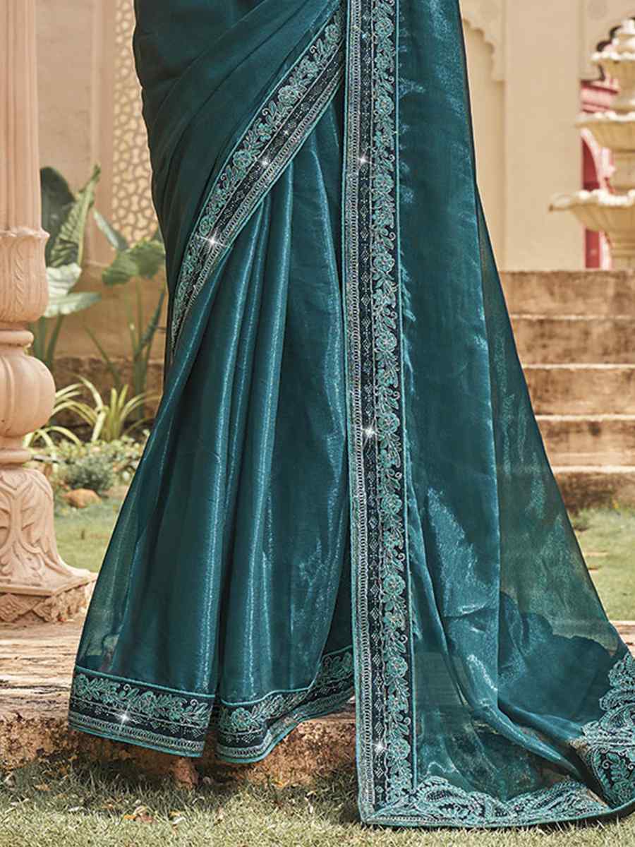 Teal Blue Shimmer Embroidery Party Reception Classic Style Saree