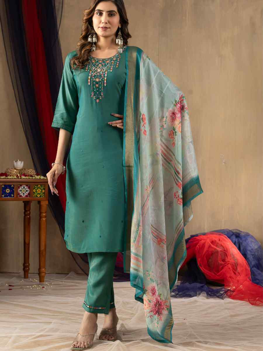 Teal Blue Shimmer Gold Silk Embroidered Party Wedding Ready Pant Salwar Kameez