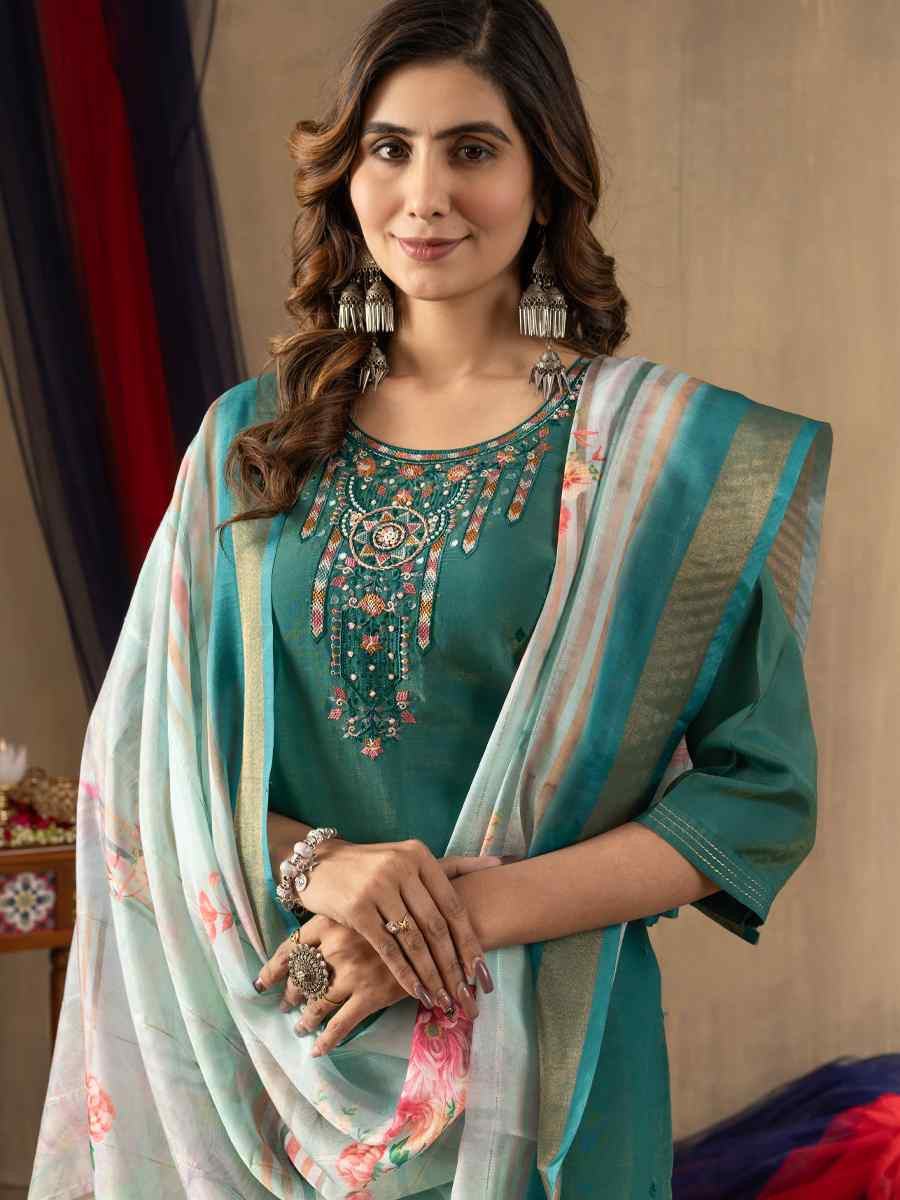Teal Blue Shimmer Gold Silk Embroidered Party Wedding Ready Pant Salwar Kameez